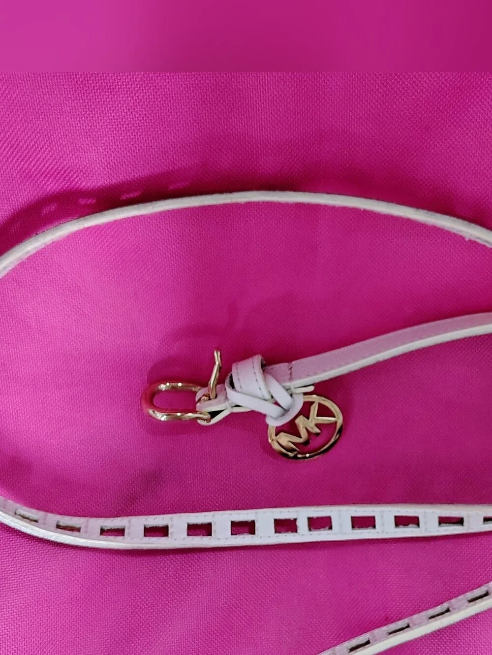 Michael Kors Skinny White Leather Belt w Gold MK Charm & Square Cut-outs